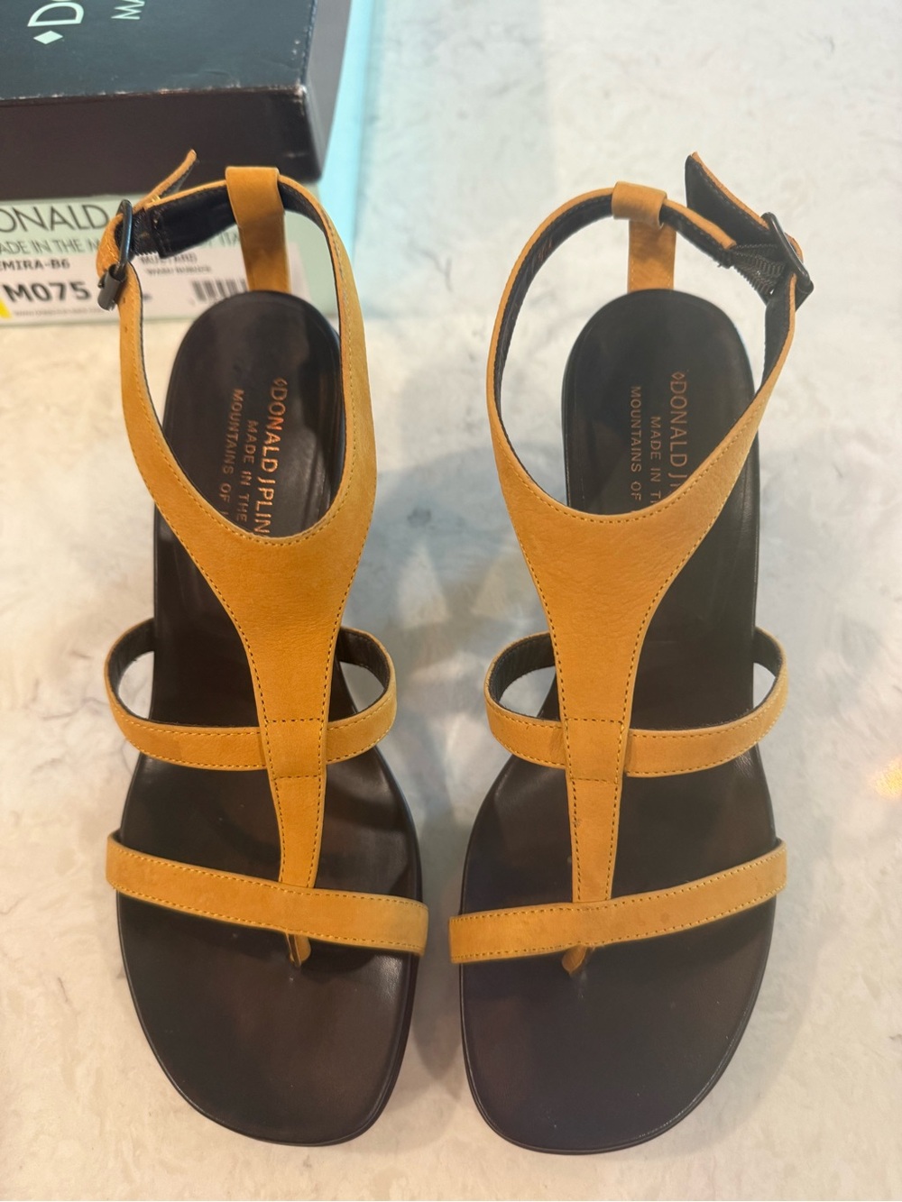 Donald J. Pliner Mustard/Tan Leather T-Strap Sandals
